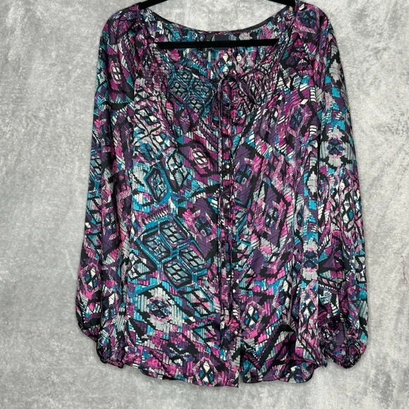 New Directions 2X Shirt Top Purple Button Up 3/4 Sleeve Keyhole Scoop Neck - Picture 1 of 6